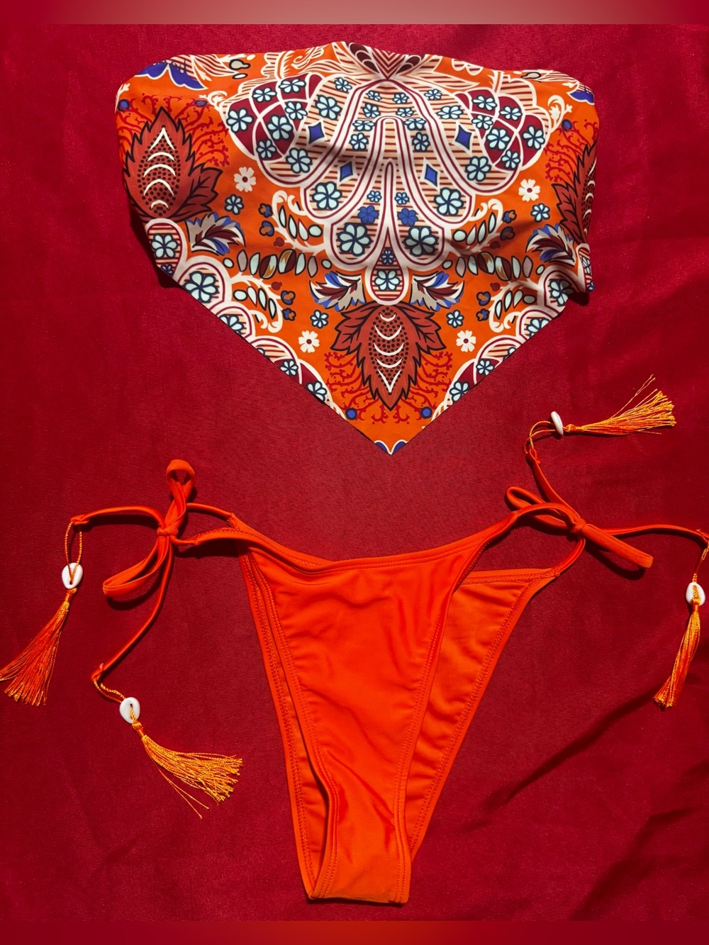 SHEIN Orange Paisley Tie-Side Bikini Set
